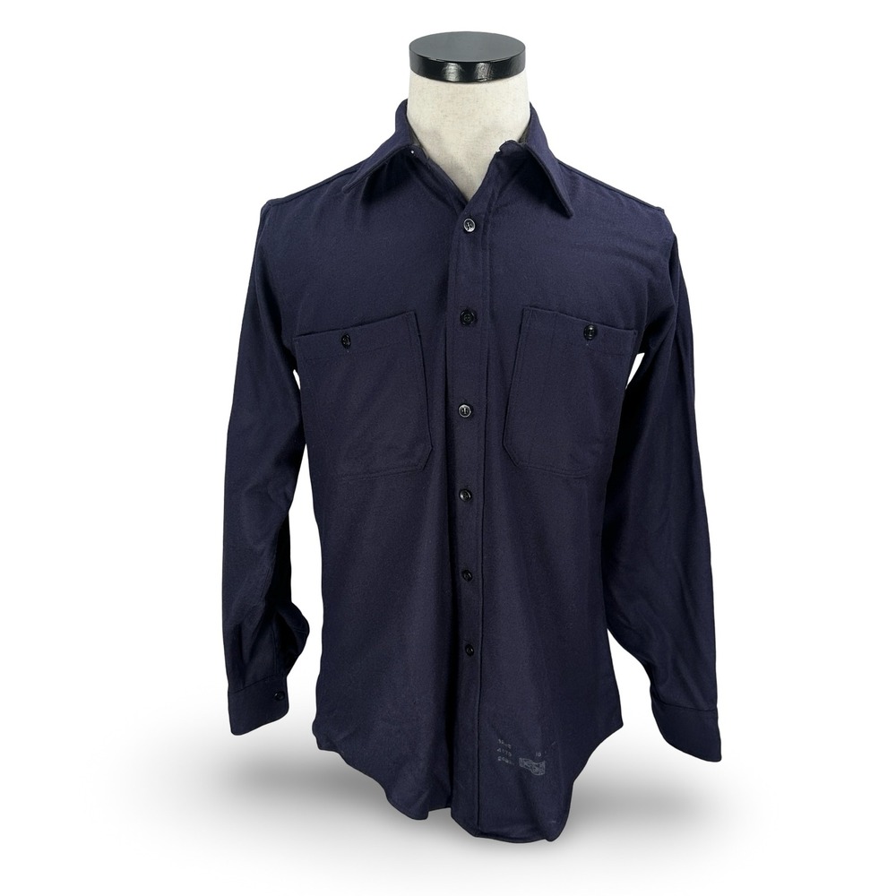 Vintage 60s 70s Conqueror Navy Blue Wool Service Shirt Mens 15 Flannel Union USA